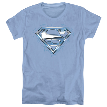 Carolina blue women's t-shirt with Superman Tribal Chrome Shield graphic
