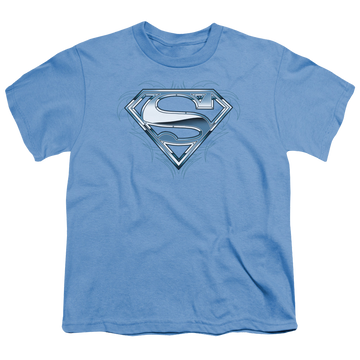 Carolina blue youth t-shirt for ages 8 to 12 with Superman Tribal Chrome Shield graphic