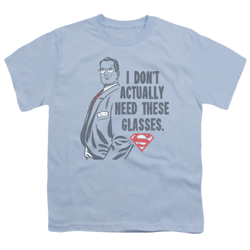 Light blue youth t-shirt for ages 8 to 12 with Superman Dont Need Glasses graphic