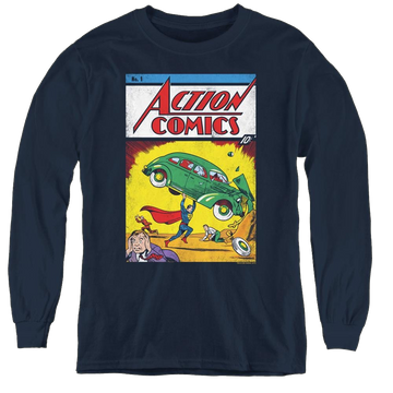 Navy youth long sleeve t-shirt with Superman Action No. 1 graphic