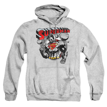 Athletic heather pullover hoodie with Superman Super Ko graphic