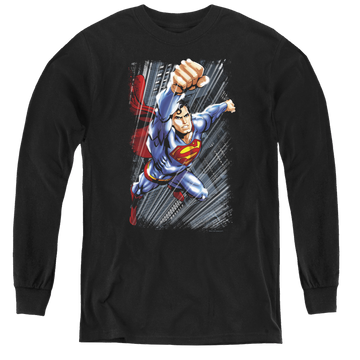 Black youth long sleeve t-shirt with Superman Faster Than graphic