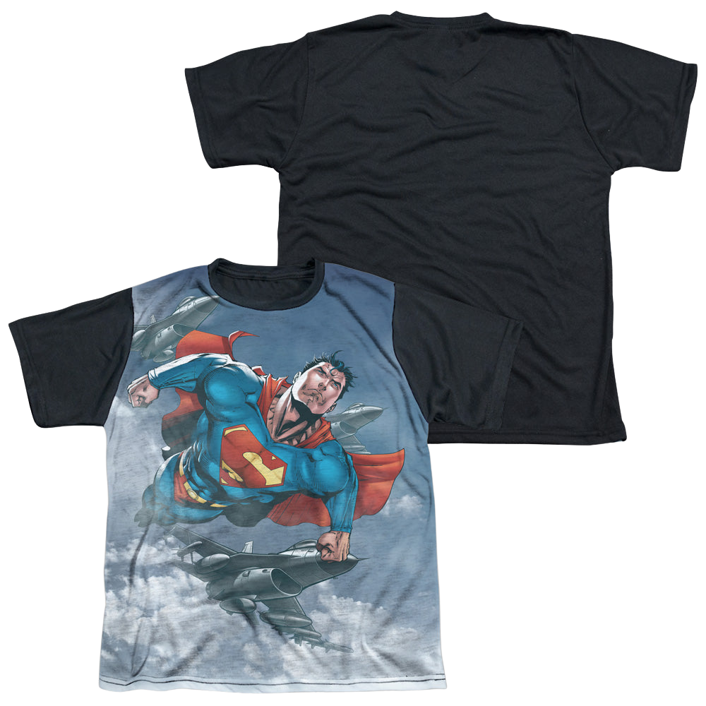 Superman In The Sky - Youth Black Back T-Shirt Youth Black Back T-Shirt (Ages 8-12) Superman   