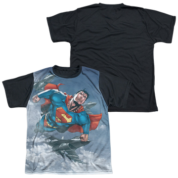 Superman In The Sky youth black back t-shirt for ages 8 to 12