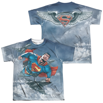 Superman In Formation youth all-over print t-shirt for ages 8 to 12