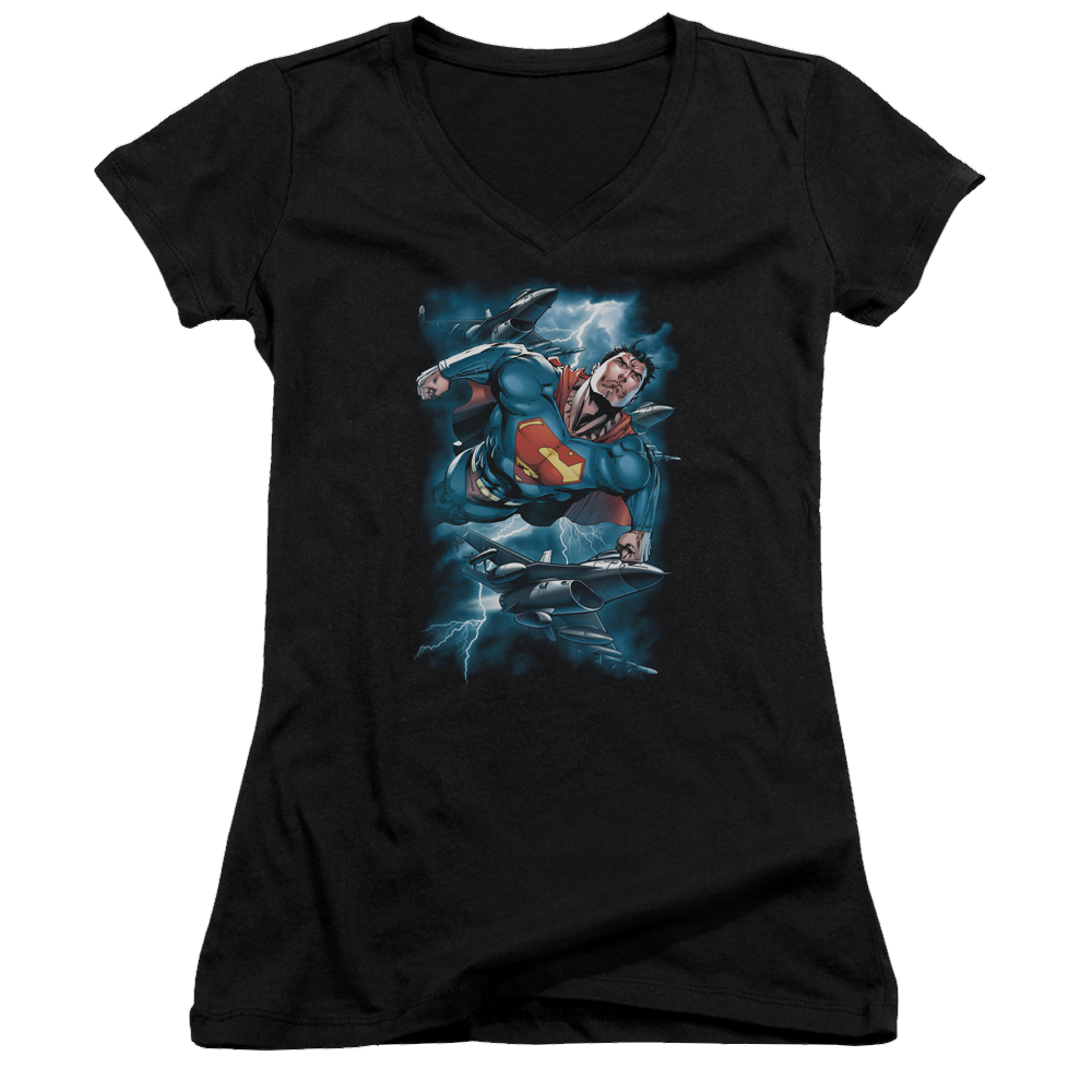 Superman Stormy Flight - Juniors V-Neck T-Shirt Juniors V-Neck T-Shirt Superman   