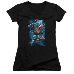 Superman Stormy Flight - Juniors V-Neck T-Shirt Juniors V-Neck T-Shirt Superman   
