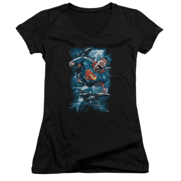 Superman Stormy Flight - Juniors V-Neck T-Shirt Juniors V-Neck T-Shirt Superman   