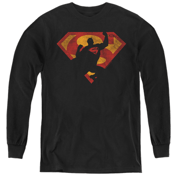 Black youth long sleeve t-shirt with Superman S Shield Knockout graphic
