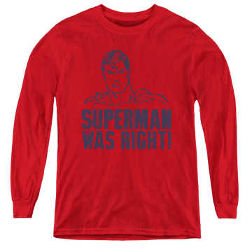 Red youth long sleeve t-shirt with Superman Was Right graphic