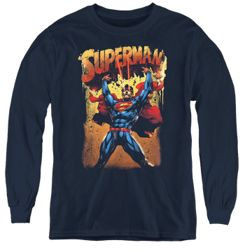 Navy youth long sleeve t-shirt with Superman Lift Up graphic