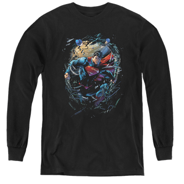 Black youth long sleeve t-shirt with Superman Breaking Space graphic