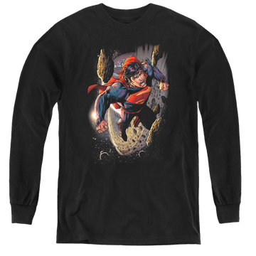 Black youth long sleeve t-shirt with Superman Orbit graphic