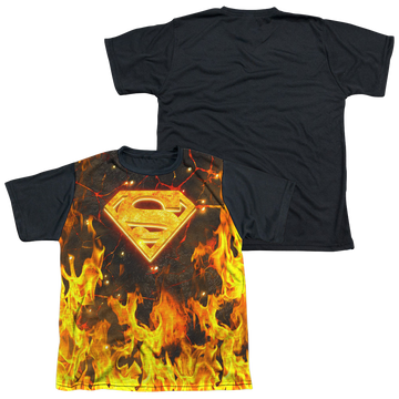 Superman Fire Logo youth black back t-shirt for ages 8 to 12