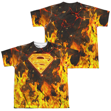 Superman Fire Logo youth all-over print t-shirt for ages 8 to 12