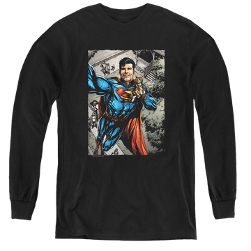Black youth long sleeve t-shirt with Superman Super Selfie graphic