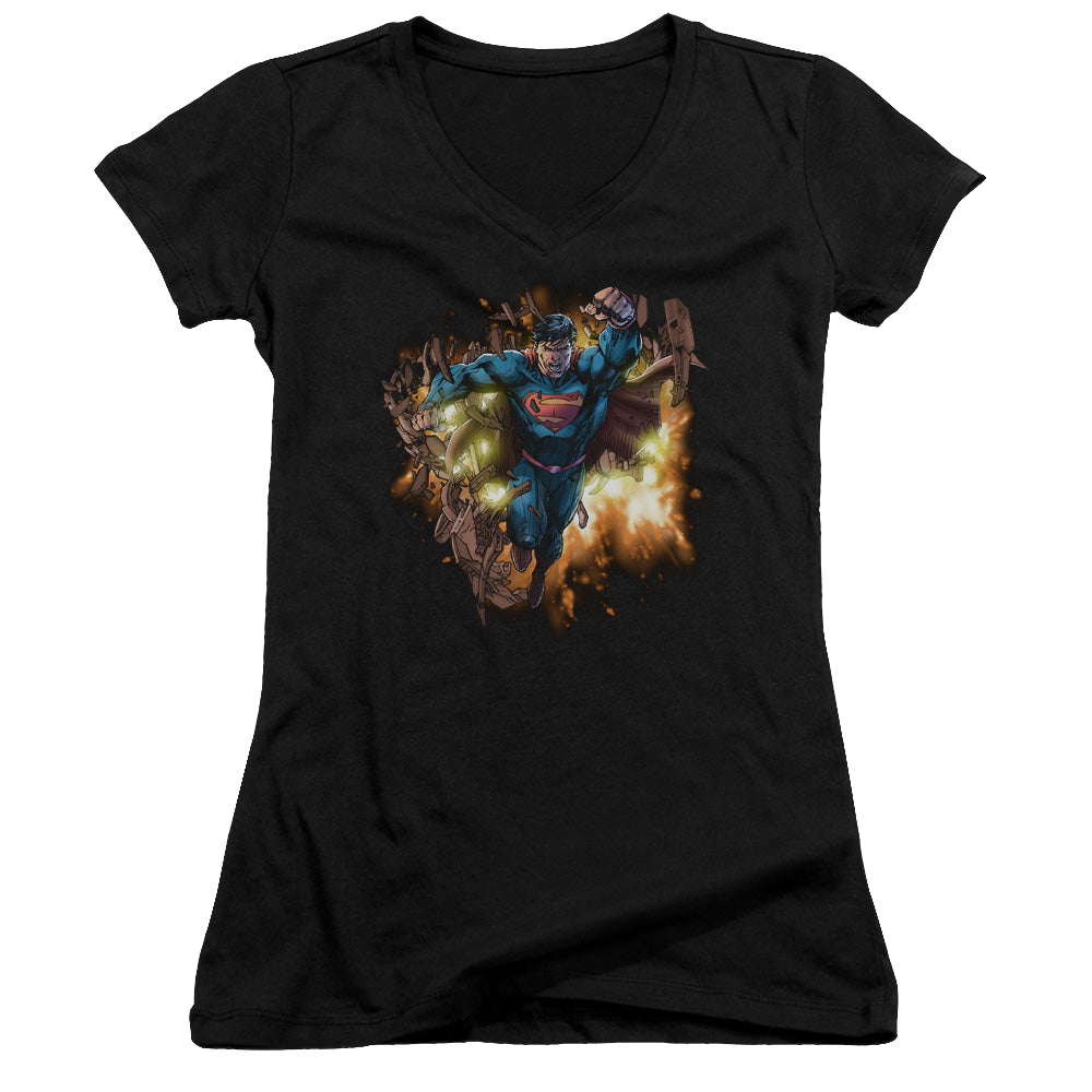 Superman Blasting Through - Juniors V-Neck T-Shirt Juniors V-Neck T-Shirt Superman   