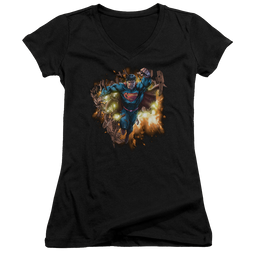 Superman Blasting Through - Juniors V-Neck T-Shirt Juniors V-Neck T-Shirt Superman   