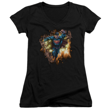 Superman Blasting Through - Juniors V-Neck T-Shirt Juniors V-Neck T-Shirt Superman   