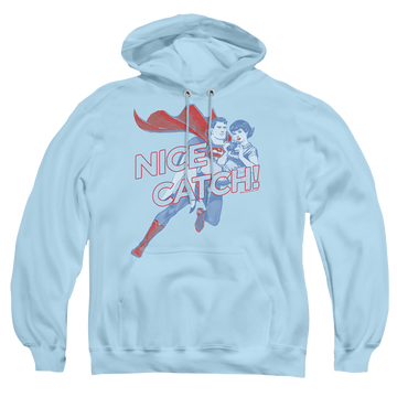 Light blue pullover hoodie with Superman Nice Catch graphic