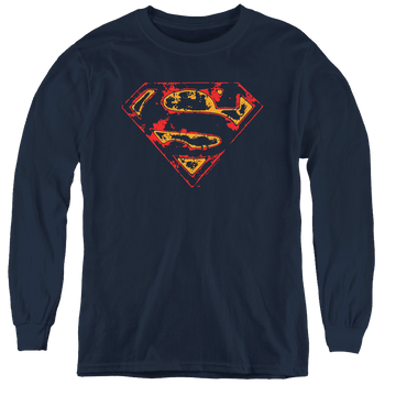 Navy youth long sleeve t-shirt with Superman Super Distressed graphic
