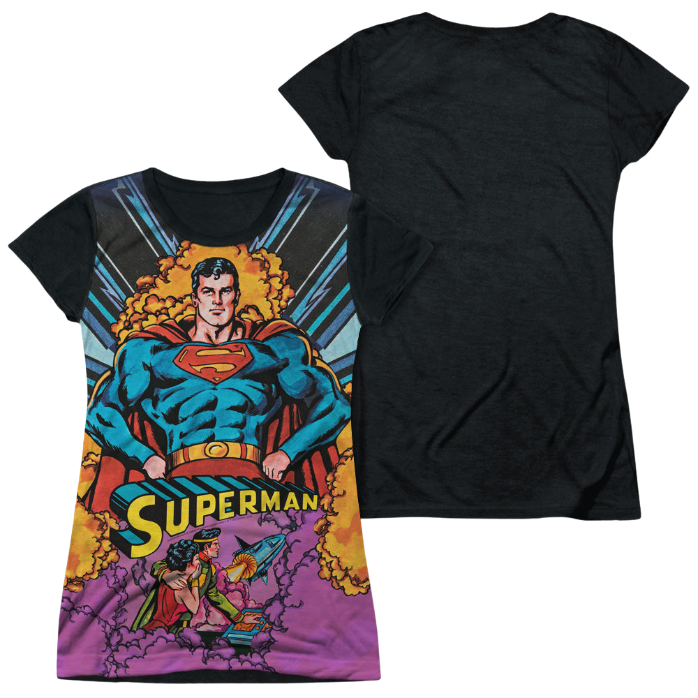 Superman Blast Off - Juniors Black Back T-Shirt Juniors Black Back T-Shirt Superman   