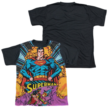 Superman Blast Off youth black back t-shirt for ages 8 to 12