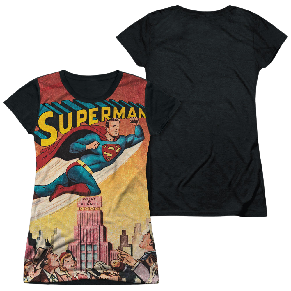 Superman City Flying - Juniors Black Back T-Shirt Juniors Black Back T-Shirt Superman   