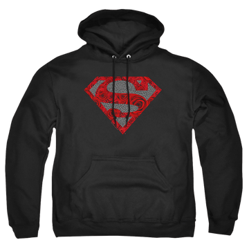 Black pullover hoodie with Superman Elephant Rose Shield graphic