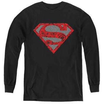 Black youth long sleeve t-shirt with Superman Elephant Rose Shield graphic