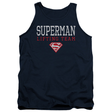 Navy men's tank with Superman Lifting Team graphic