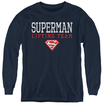 Navy youth long sleeve t-shirt with Superman Lifting Team graphic