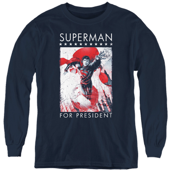 Navy youth long sleeve t-shirt with Superman For President graphic