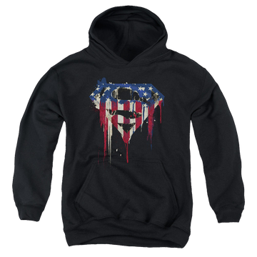 Black youth hoodie for ages 8 to 12 with Superman Bleeding Shield graphic