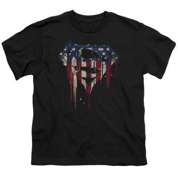 Black youth t-shirt for ages 8 to 12 with Superman Bleeding Shield graphic