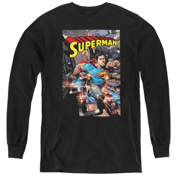 Black youth long sleeve t-shirt with Superman Action One graphic