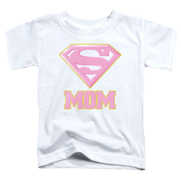 White kid's t-shirt for ages 4 to 7 with Superman Super Mom Pink graphic