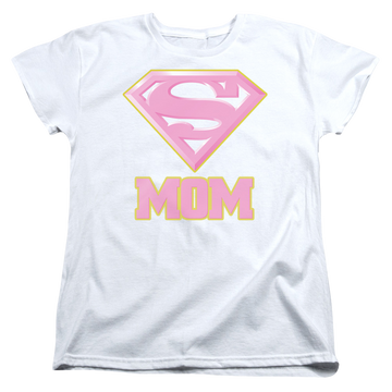 White women's t-shirt with Superman Super Mom Pink graphic