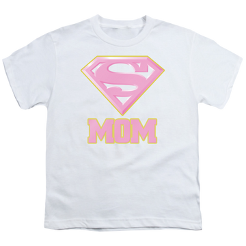 White youth t-shirt for ages 8 to 12 with Superman Super Mom Pink graphic