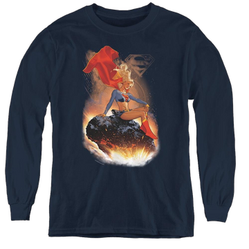 Navy youth long sleeve t-shirt with Superman Supergirl Ride It Out graphic