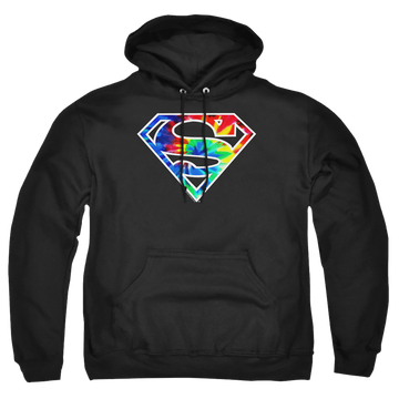 Black pullover hoodie with Superman Tie Dye Logo graphic
