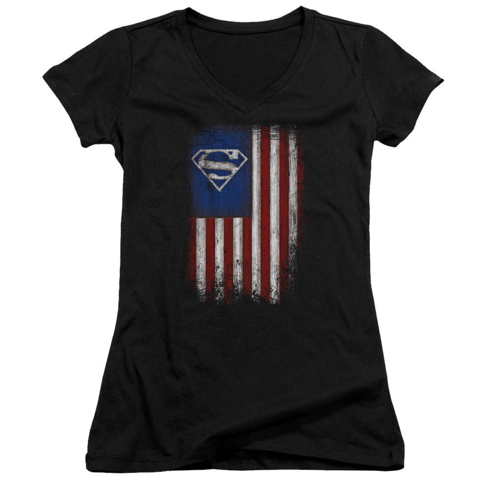 Superman Old Glory Shield - Juniors V-Neck T-Shirt Juniors V-Neck T-Shirt Superman   