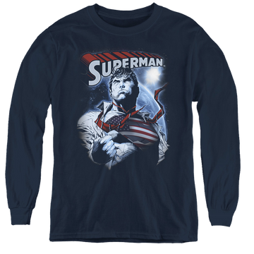 Navy youth long sleeve t-shirt with Superman Honor And Protect graphic