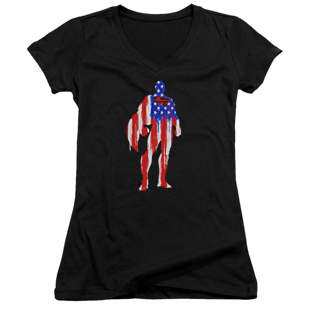 Superman Flag Silhouette - Juniors V-Neck T-Shirt Juniors V-Neck T-Shirt Superman   