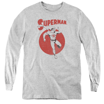 Athletic heather youth long sleeve t-shirt with Superman Vintage Sphere graphic