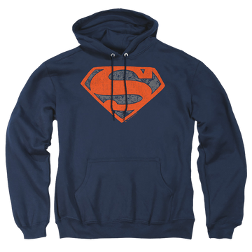 Navy pullover hoodie with Superman Vintage Shield Collage graphic