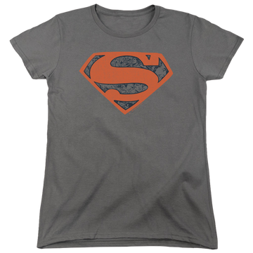 Charcoal women's t-shirt with Superman Vintage Shield Collage graphic