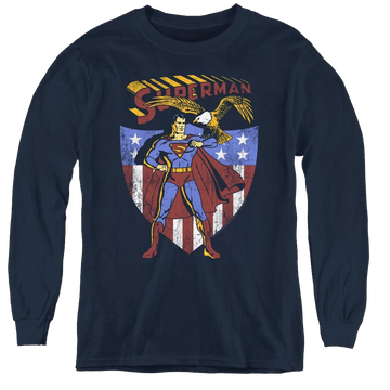 Navy youth long sleeve t-shirt with Superman All American graphic