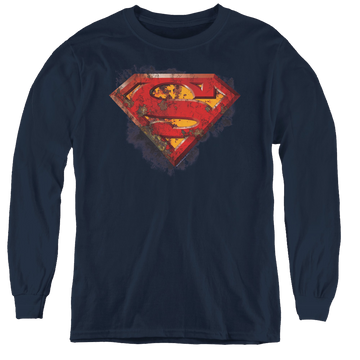 Navy youth long sleeve t-shirt with Superman Rusted Shield graphic