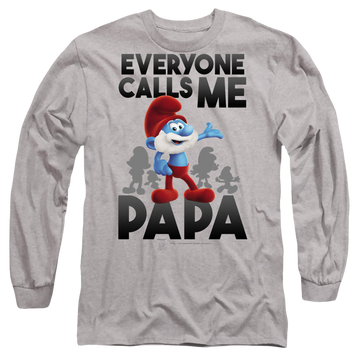 Athletic heather men's long sleeve t-shirt with The Smurfs Call Me Papa Smurf graphic